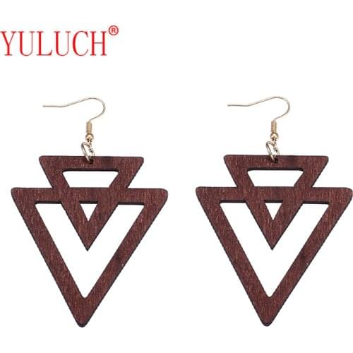 YULUCH African Ethnicity Personality Woman Natural Wooden Pendant for Double Reverse Triangle Stitched Cutout Jewelry Earrings