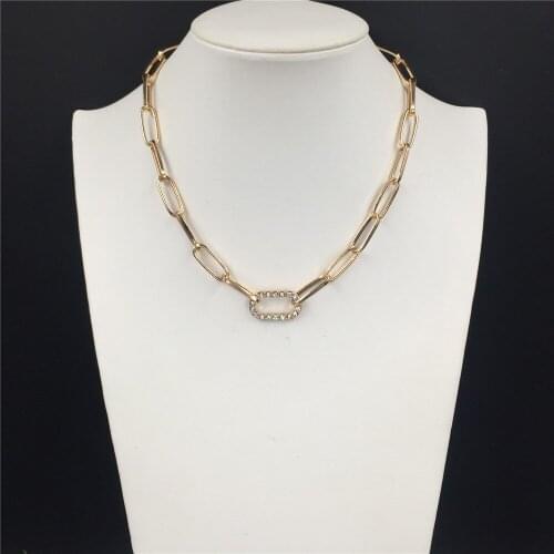 Casual Gold Color Plating Clear Stone Decorated Chain Link necklace For Women Girl Elegant Gorgeous Jewelry Accessory