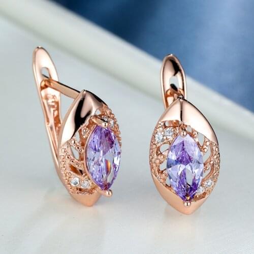 1Pair 14K Rose Gold Filled Birthstone Diamond Drop Earrings Marquise Cut Purple Amethyst Earrings Hollow Leaf Shaped Clip on Ear