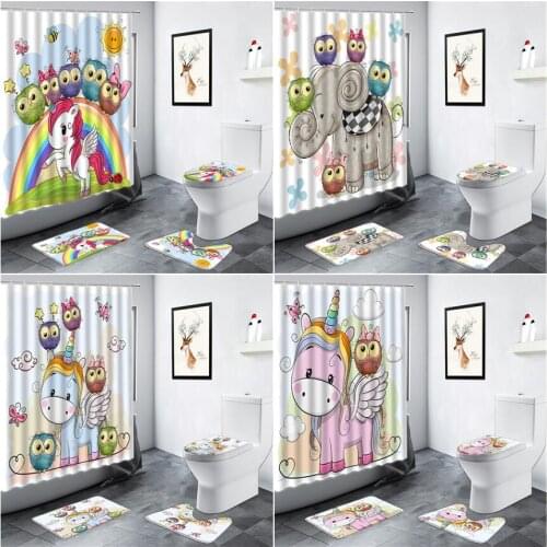 Cute Cartoon Animals Owl Shower Curtains Unicorn Elephant Children Bathroom Decor 4pcs Non-slip Rug Toilet Cover Bath Mats Sets
