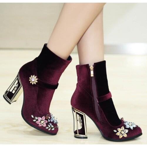 Womens Velvet Leather Ankle Boots Rhinestones Crystal Flowers Side Zipper Birdcage Strange High Heel Shoes Black Red Plus Size