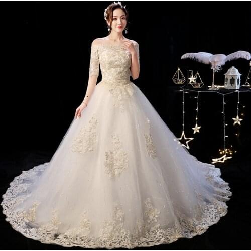 Wedding Dress 2021 The Elegant Boat Neck Sweep Train Princess Wedding Gowns Champagne Lace Plus Size Wedding Dresses F