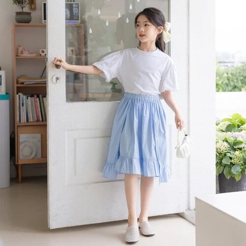 Light Blue Cotton Skirts Baby Big Girls Ruffles Mid Waist Summer Skirt Clothing New 2021 Casual Children Bottoms Age 5-17 Years