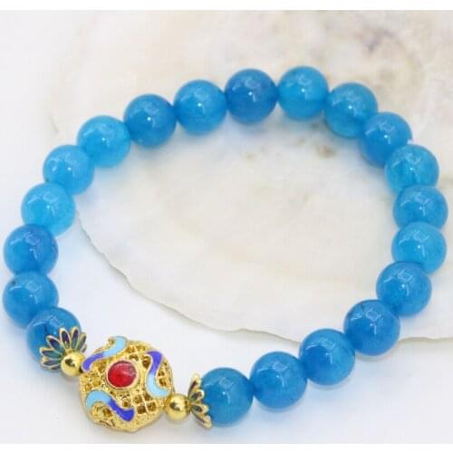 High grade blue semi-precious stone jades chalcedony beads bracelets 8mm round gifts women girls fashion jewelry 7.5inch B2688