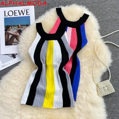 ALPHALMODA 2021 Summer Women New Colored Striped Knitting Tank Top Sleeveless Pullover Slim Sweater