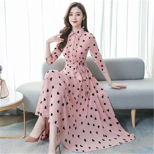Summer chiffon floral big swing stand-up collar seven-point sleeves women dress Korean temperament clothes pink white yellow