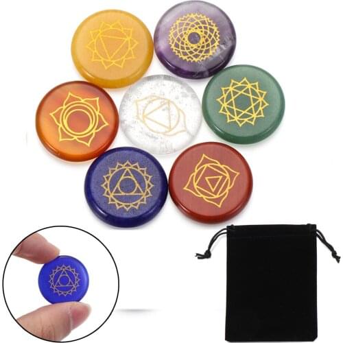 7 Pcs Natural Stone Engraved Chakra Healing Crystal Stone Meditation Reiki Chakra Yoga Energy Stone Reiki Healing with Bag