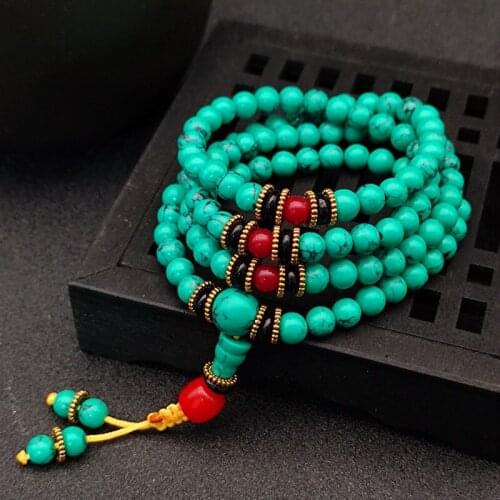 Natural Green Turquoise Hand Carved 6 Mm 108 Beads Bracelet Fashion Boutique Jewelry Mens And Womens Turquoise Bracelets