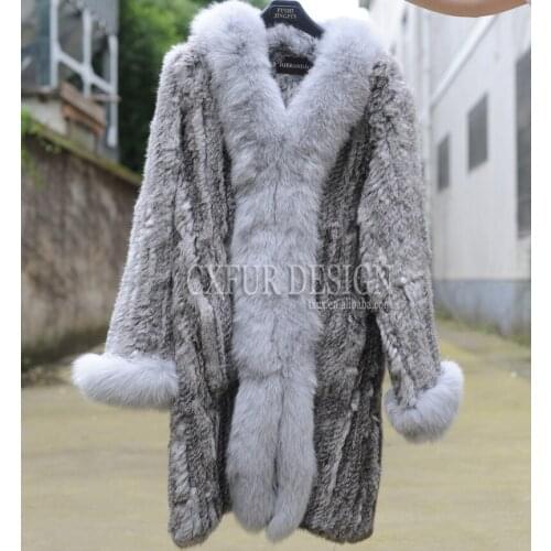 CX-G-A-135 Winter Hot Sell Super Quality Hand Knitted Real Rabbit Fur Coat With Fur Collar
