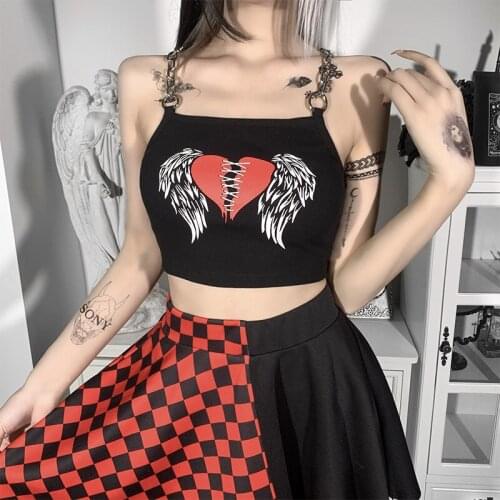 Crop Tops Fairy Grunge Summer New Heart Print Chain Sling Belt Sexy Slim Square Collar Dollskill Alt Aesthetic Y2k Tops 2000s