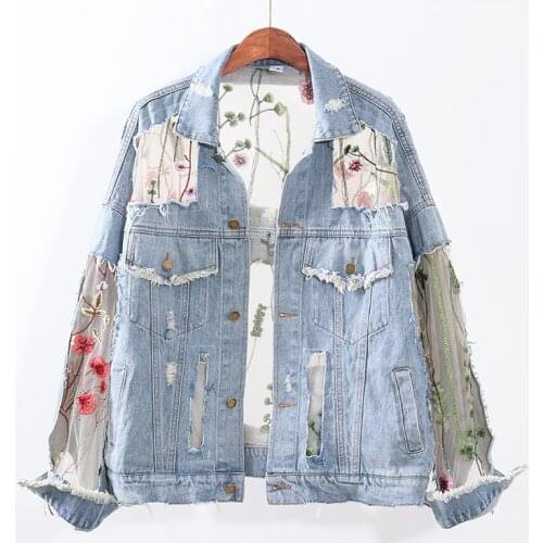 Summer Fashion Embroidery Flowers Splicing Net Yarn Denim Jacket Coat Women Overwear Loose Outerwear Korean Jeans Jackets Female