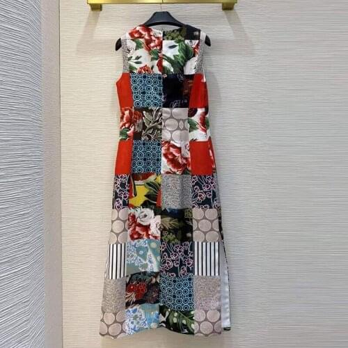 Summer Runway Fashion Sleeveless Flower Striped Print Slim Splited Midi Holiday Dress