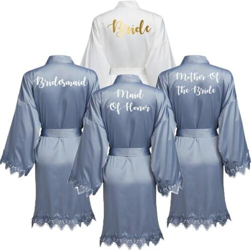 Matt Satin Lace Robe Gown Bridal Wedding Bride Robes Bridesmaid Kimono Robe Bridal Robes Dusty Blue bridesmaid robes bathrobe