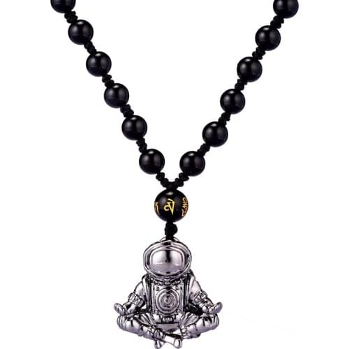 Meditated Astronaut Pendant Necklace Natural Onyx Stones Handmade Knotted Beaded Black Spaceman Mala Prayer Chakra Reiki Jewelry