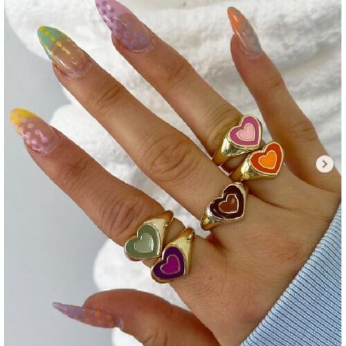 Fashion Y2K Vintage Colorful Double Heart Enamel Ring for Women Dripping Oil Color Contrast Heart Metal Rings Couple Jewelry