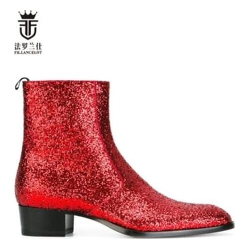 FR.LANCELOT 2020 fashion pointed toe men leather boots British style glitter men fashion boots zip mujer bota sequin red booties