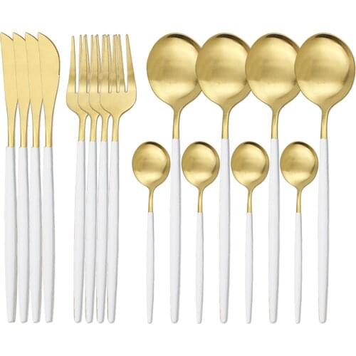16Pcs White Gold Matte Cutlery Set 304 Stainless Steel Dinnerware Set Knife Fork Spoon Dinner Set Kitchen Flatware Tableware Set