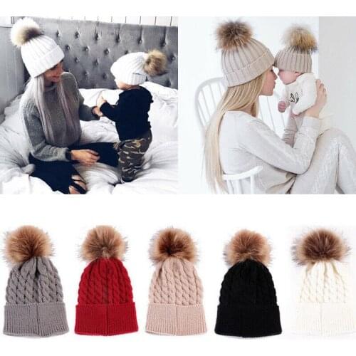 Parent-child Caps with Pompon Warm Raccoon Fur Bobble Mommy Beanie Caps Kids Cotton Knitted Mom Baby Hat Winter Caps