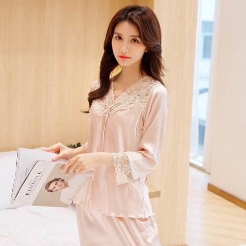 2020 New Women Pajama Set Hollow Out Lace Sexy Pyjamas Satin Soft Touch Nightwear