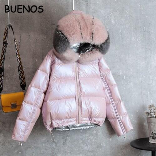 BUENOS Down jacket female short thick warm new real fox fur collar coat two sides fashion glossy silver pink winter jacket