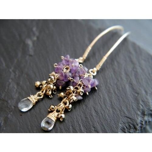 Amethyst, Pyrite, and Natural Aquamarine Cascade Hoop Earrings