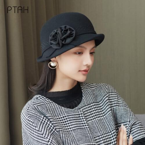 [PTAH] Temperament Wool Fedoras Hat For Women Girls 100% Wool French Elegant Fedora Hats Imitation Autumn Winter Hat Flower Lace