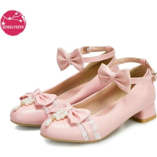 Low Heels 2021 Women Lolita Shoes Ankle Strap Pumps Spring Autumn Bow Pearls Princess Lace Casual Cosplay Party Big Size 34-50