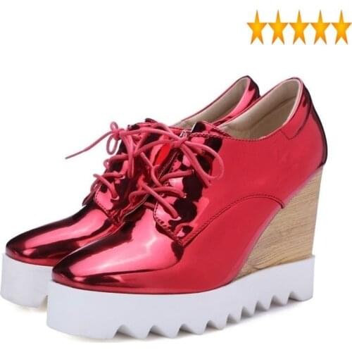 Shoes Patent Leather Super Woman High Heel Casual Night Club Wedges Platform Creepers Lace Up Square Toe Zapatos Mujer Pumps