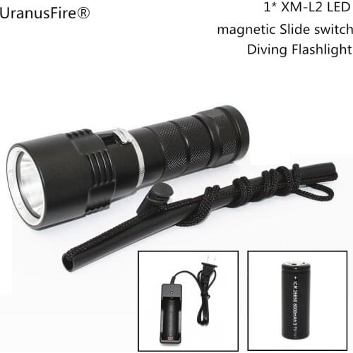 Uranusfire 1200LM XM-L2 LED Diving Flashlight Underwater 100M Torch Flash Light Power by 1x 26650 Battery + AC Charger
