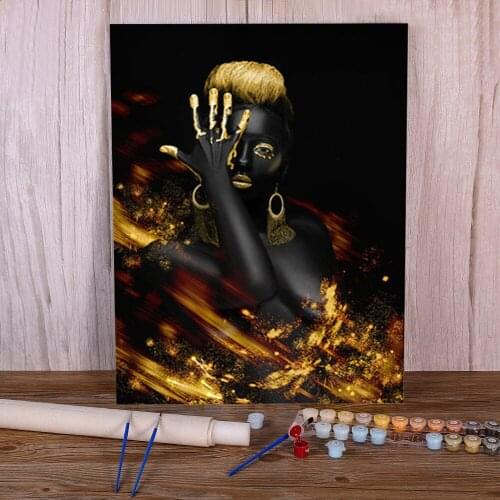 Black And Gold Woman Coloring By Numbers Painting Set Oil Paints 40*50 Canvas Painting Handmade For Kids Wholesale Art