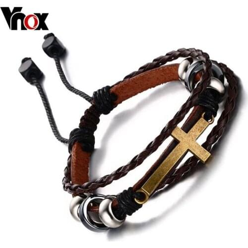 Vnox Bohemia Cross Charm Leather Bracelet for Women Men Size Adjustable Vintage Retro Rope Chain Bracelet Jewelry Drop-Shipping