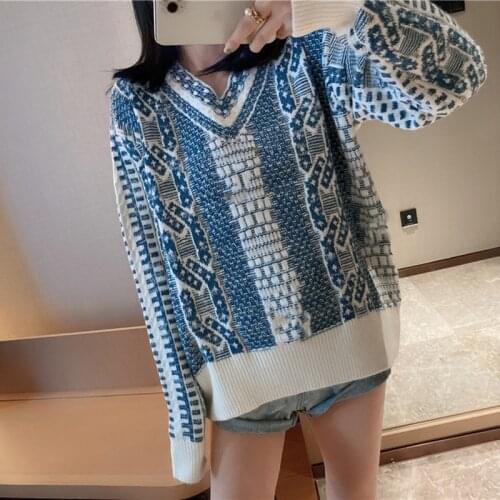 2021 Autumn Winter Clothes Women Fashion Vintage Print Knitted Sweaters Woman Elegant New Blue Sweater V-neck Pullover Jumper