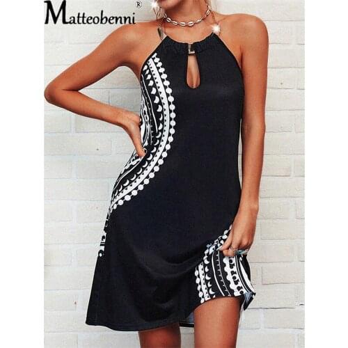 Women Print Off-The-Shoulder Hollow Out A-Line Pullover Dress Femme 2021 Summer New Adjustable Metal Hanging Neck Dress Vestidos