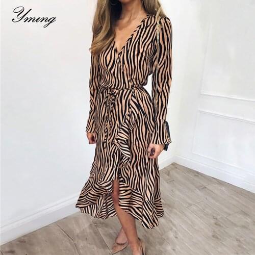 Yming Striped Printed Boho Women Dress Long Sleeve Beach Party Dresses V-Neck Casual Club Midi Dress Split Long Dresses Vestidos
