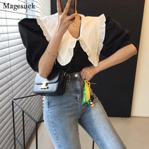 2021 Summer Doll Collar Short Women Tops New Korean Fashion Sweet Puff Sleeve Shirt Female Loose Patchwork Blouse Blusa 14325