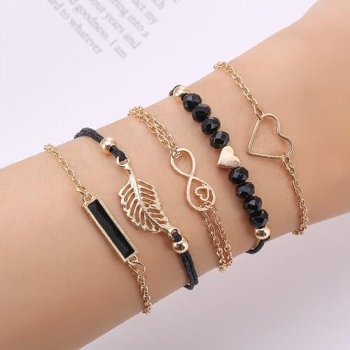 5Pcs/Set Simple Black Beads Love Heart Chain Bracelets Women Creative Drop Oil Hollow Leaf Pendant Charm Bracelet Accessories