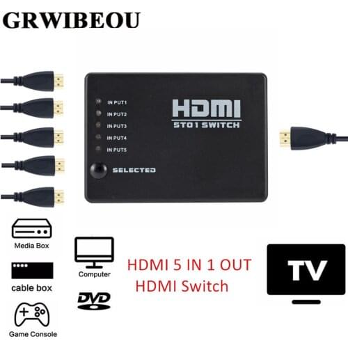Grwibeou 5 In 1 Out 5 Port Video HDMI Switch Selector HDMI 5 IN 1 Out Switch Box Splitter Hub & IR Remote 1080p For HDTV PS3 DVD
