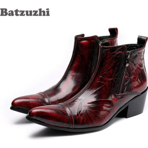 Batzuzhi 6.5cm Heels Leather Men Boots Pointed Toe Mens Dress Boots Men Height Inceased Mens Red Wedding Shoes Botas Hombre