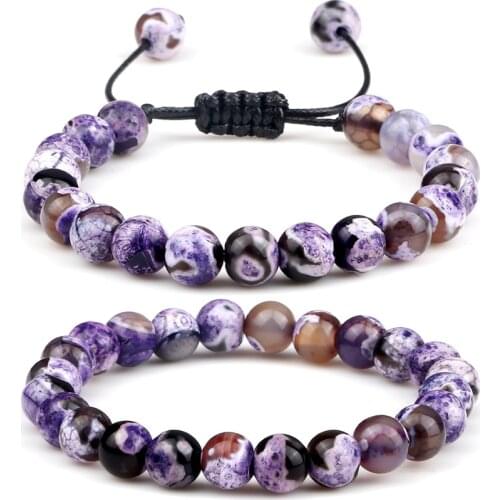 Adjustable 8mm Natural Stone Bracelet Round Fire Agates Onyx Beads Braided Bracelets Bangles for Women Men Handmade Yoga Jewelry