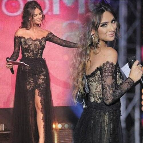 SuperKimJo Black Lace Prom Dresses Long Sleeve V Neck Detachable Skirt Sexy Formal Dresses 2021 Robe De Soiree