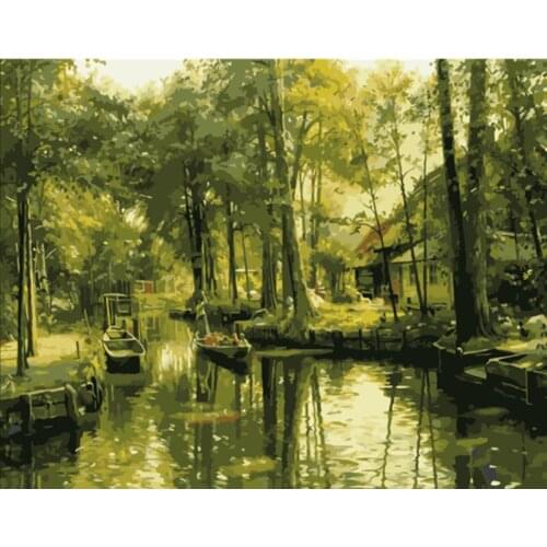 Painting By Numbers DIY Dropshipping 40x50 60x75cm Small boat in the forest Scenery Canvas Wedding Decoration Art picture Gift