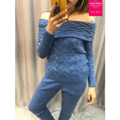 Cashmere + Woolen twist Knit warm sets slash neck Velvet Sweater + Mink Cashmere Trousers Two-pieces elastic wool suits wq112