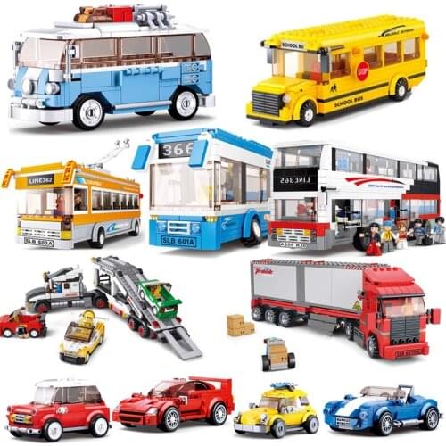 City Car Classic Retro Vehicle Sets Creator Double Decker Bus Camper Van School Bus Building Blocks Children Toys Speed Champion