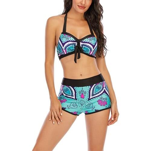 Tribal Printed Bikini Halter Neck Swimsuit Bandage Bowknot Detail Large High Waisted Swimwear Summer Plus Size 8XL Swimming Suit