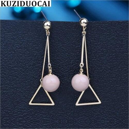 Kuziduocai New Fashion Jewelry Gold Color Triangulary Geomet Pearl Tassel Stud Earrings For Women Gift Brincos Pendientes E-822