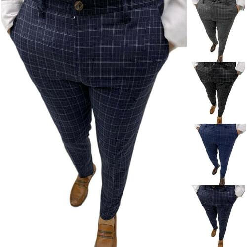 Mens Fashion Slim Pants Fit Skinny Plaid Casual Jegging Long Capri Trousers