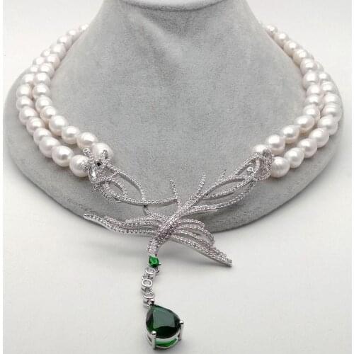 19''-20" 2 Strands Cultured White Rice Pearl Necklace CZ Pendant