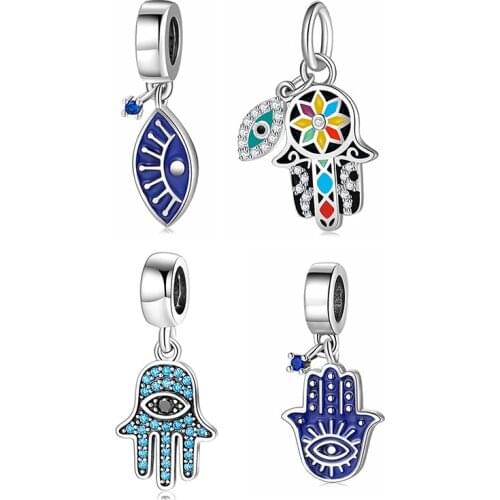 High Quality 925 Silver Blue Zircon Hand of Fatima Devils Eye Pendants Fit Original Kataoka Bracelets Women Jewelry Making