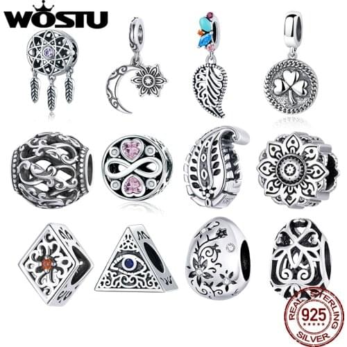 WOSTU Authentic 925 Sterling Silver Hot Sale Retro Style Charms Pendant Fit Bracelet Women Party Fashion DIY Jewelry Gift Making