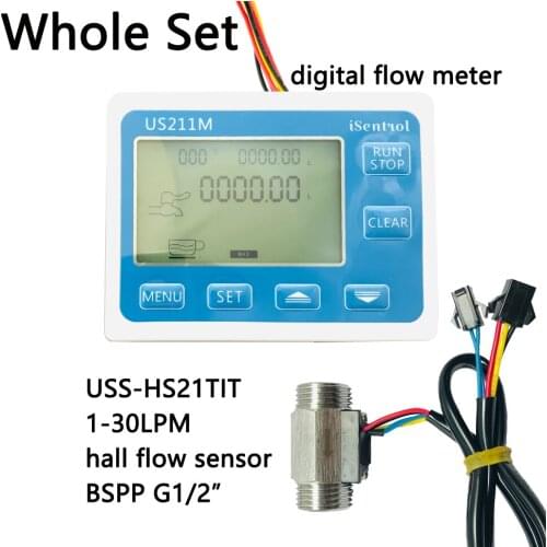 US211M Water Flow Meter and USS-HS21TIT Hall Water Flow Sensor SUS304 1-30L/min DC 24V Turbine Flowmeter with NTC50K Temperature
